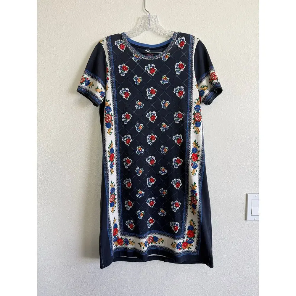 Tory Burch Printed Shirt Dress Navy Tea Rose Border Size Small